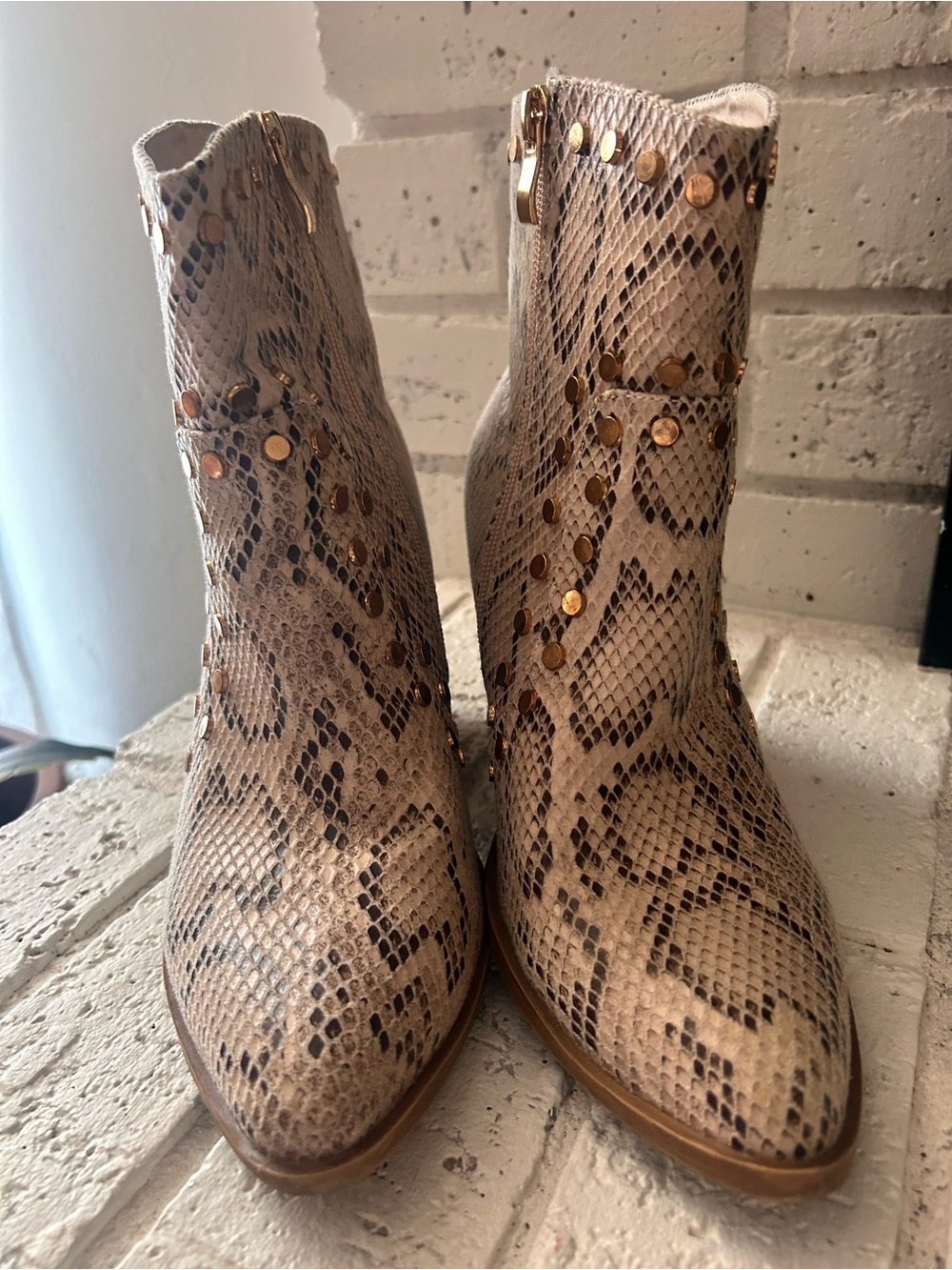 Gold-Stud Snake Print Ankle Boots in Beige
